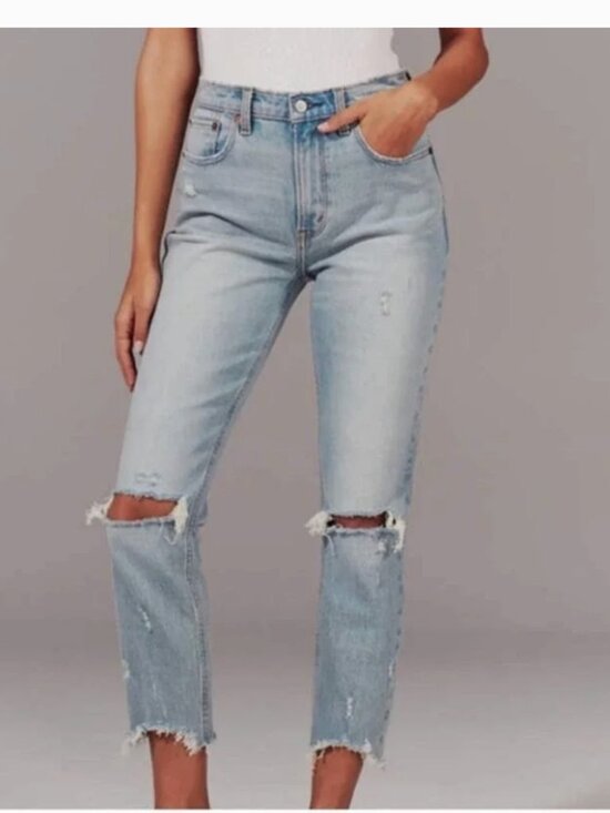 Denim - Abercrombie High Rise Mom Jean Light Wash Distressed Raw Hem 25/0R